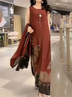 Women's Two Piece Dress Set Casual Dress Swing Dress Daily Holiday Fashion Casual Print Long Dress Maxi Dress Crew Neck 3/4 Length Sleeve Leaf Floral Loose Fit Yellow Red Dark Green Summer Spring M L -HANA Luxury Wear Shop zatjyk1691463816298