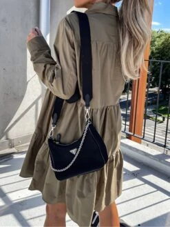 Women's Shirt Dress Casual Dress Swing Dress Midi Dress Outdoor Daily Vacation Cotton Basic Modern Shirt Collar Ruffle Button Long Sleeve Fall Winter 2023 Regular Fit ArmyGreen Black White Pure Color -HANA Luxury Wear Shop zcairr1695813928983