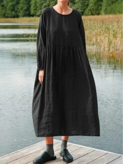 Women's Cotton Linen Dress Midi Dress Linen Cotton Blend Basic Daily Crew Neck Splice Basic Long Sleeve Spring Fall 2023 Loose Fit Light Pink ArmyGreen Black Plain S M L XL 2XL -HANA Luxury Wear Shop zchnuf1695283949791