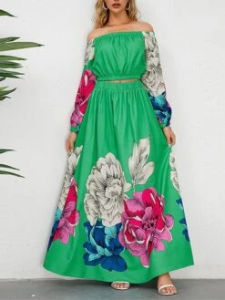 Women's Two Piece Dress Set Casual Dress Skirt Set Daily Going Out Casual Ruched Print Long Dress Maxi Dress Off Shoulder Long Sleeve Floral Regular Fit Blue Green Rose Red Fall Winter S M L XL XXL -HANA Luxury Wear Shop zcopwr1692339430385