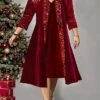 Women's Plus Size Two Piece Dress Set Velvet Dress Party Dress Party Christmas Fashion Elegant Patchwork Sequin Midi Dress V Neck 3/4 Length Sleeve Plain Regular Fit Wine Fall Winter L XL XXL 3XL 4XL