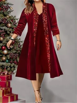 Women's Plus Size Two Piece Dress Set Velvet Dress Party Dress Party Christmas Fashion Elegant Patchwork Sequin Midi Dress V Neck 3/4 Length Sleeve Plain Regular Fit Wine Fall Winter L XL XXL 3XL 4XL