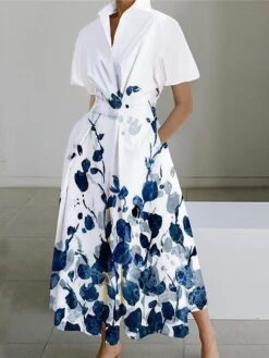 Women's Shirt Dress Casual Dress Swing Dress Maxi Long Dress Outdoor Office Daily Polyester Fashion Modern Shirt Collar Button Pocket Short Sleeve Summer Spring 2023 Loose Fit Black White Pink Floral -HANA Luxury Wear Shop zdhzir1689924470781