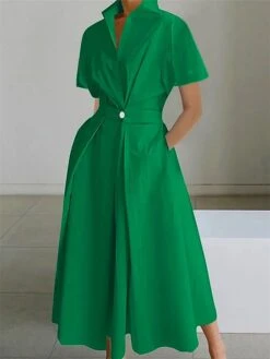 Women's Shirt Dress Casual Dress Swing Dress Midi Dress Outdoor Daily Vacation Polyester Fashion Modern Split Neck Button Pocket Short Sleeve Summer Spring 2023 Regular Fit White Green Plain S M L XL -HANA Luxury Wear Shop zdiihh1691477529920
