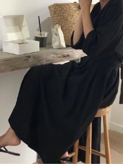 Women's Cotton Linen Dress Loose White Dress Maxi Long Dress Linen Cotton Blend Casual V Neck Puff Sleeve Tie Belt Half Sleeve Summer Spring 2022 Regular Fit Black White Pure Color S M L XL -HANA Luxury Wear Shop zdjvcf1624953454856