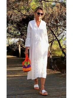 Women's Shirt Dress Casual Dress Swing Dress Maxi Long Dress Outdoor Daily Vacation Cotton Fashion Modern Split Neck Lace Button 3/4 Length Sleeve Summer Spring Fall 2023 Loose Fit White Yellow Red -HANA Luxury Wear Shop zdqybx1695122504232