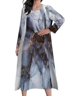 Women's Dress Set Two Piece Dress Shift Dress Midi Dress Dusty Blue Long Sleeve Print Print Summer Spring Crew Neck Stylish Winter Dress Fall Dress Loose Fit 2023 S M L XL XXL 3XL 4XL 5XL -HANA Luxury Wear Shop zezyza1663919422594