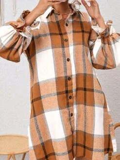 Women's Shirt Dress Casual Dress Mini Dress Outdoor Office Daily Fleece Fashion Modern Shirt Collar Ruffle Button Long Sleeve Fall Winter 2023 Loose Fit Khaki Plaid S M L XL 2XL -HANA Luxury Wear Shop zfbblo1692687558272