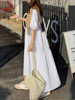 Women's Casual Dress Cotton Linen Dress Swing Dress Maxi Long Dress Cotton Blend Basic Casual Outdoor Daily Holiday Crew Neck Ruched Pocket Half Sleeve Summer Spring 2023 Loose Fit Black White Red -HANA Luxury Wear Shop zfdpyj1657768777001