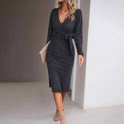 Women's Sweater Dress Winter Dress Jumper Dress Midi Dress Lace Up Daily Date Going Out Fashion Basic V Neck Long Sleeve 2023 Slim Green Dark Grey Beige Color S M L XL Size -HANA Luxury Wear Shop zfgpos1697696857179