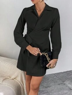 Women's Shirt Dress Casual Dress Sheath Dress Mini Dress Outdoor Daily Vacation Polyester Fashion Modern Shirt Collar Lace Up Long Sleeve Spring Fall Winter 2023 Regular Fit ArmyGreen Black White -HANA Luxury Wear Shop zgjijs1695027668902