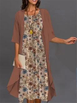 Women's Two Piece Dress Set Casual Dress Print Dress Outdoor Daily Fashion Elegant Print Midi Dress Crew Neck 3/4 Length Sleeve Floral Loose Fit Pink Navy Blue Royal Blue Summer Spring S M L XL XXL -HANA Luxury Wear Shop zgloat1689230897099