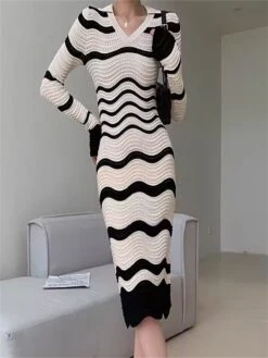 Women's Jumper Dress Knit Dress Midi Dress Daily Stripe Casual Daily V Neck Long Sleeve Patchwork 2023 Regular Fit Black One Size