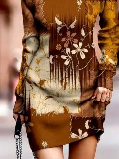 Women's Sweater Dress Winter Dress Jumper Dress Mini Dress Fashion Floral Plaid Color Block Outdoor Daily Date Going Out Crew Neck Long Sleeve Print 2023 Regular Fit Brown S M L XL XXL 3XL -HANA Luxury Wear Shop zhkaqo1694424167206