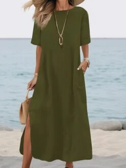 Women's Casual Dress Cotton Linen Dress Shift Dress Midi Dress Linen / Cotton Blend Basic Modern Outdoor Daily Weekend Crew Neck Pocket Split Half Sleeve Summer Spring Fall 2023 Loose Fit ArmyGreen -HANA Luxury Wear Shop zhwyfh1690364147506