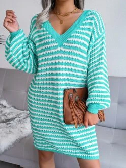 Women's Sweater Dress Jumper Dress Casual Dress Mini Dress Active Multicolor Outdoor Casual Daily Holiday V Neck Long Sleeve Patchwork 2023 Loose Fit Pink Blue Khaki S M L -HANA Luxury Wear Shop zihbdq1692947777639