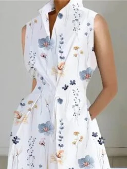 Women's Shirt Dress Casual Dress Midi Dress Outdoor Office Daily Cotton Fashion Modern Split Neck Button Pocket Sleeveless Summer Spring 2023 Loose Fit White Blue Leaf Polka Dot S M L XL XXL -HANA Luxury Wear Shop zimjbg1688542282897