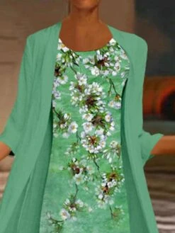 Women's Two Piece Dress Set Casual Dress Chiffon Dress Outdoor Office Fashion Casual Print Midi Dress Crew Neck 3/4 Length Sleeve Floral Loose Fit Blue Green Summer Spring M L XL XXL 3XL -HANA Luxury Wear Shop zinzbk1680257462242