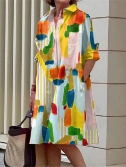 Women's Shirt Dress Casual Dress Midi Dress Outdoor Office Daily Polyester Fashion Modern Shirt Collar Button Pocket Long Sleeve Fall Winter 2023 Loose Fit Yellow Dark Pink Blue Floral Abstract S M L -HANA Luxury Wear Shop zjrmbn1693808907535