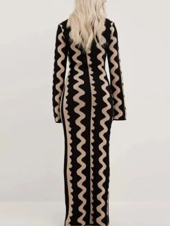 Women's Sweater Dress Winter Dress Jumper Dress Long Dress Maxi Dress Active Stripe Print Outdoor Street Daily Vacation Crew Neck Long Sleeve Print 2023 Slim Black Khaki S M L XL -HANA Luxury Wear Shop zkixpu1695111723430