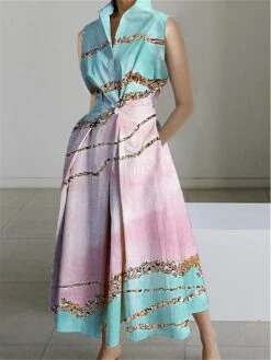 Women's Shirt Dress Casual Dress Swing Dress Maxi Long Dress Outdoor Office Daily Polyester Fashion Modern Shirt Collar Button Pocket Sleeveless Summer Spring 2023 Loose Fit Pink Dark Pink Blue Color