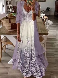 Women's Casual Dress Dress Set Two Piece Dress Long Dress Maxi Dress Light Green Pink Purple Long Sleeve Flower Print Summer Spring V Neck Fashion Loose Fit 2023 S M L XL XXL 3XL -HANA Luxury Wear Shop zkronj1672136837461