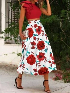Women's Dress Set Two Piece Dress Skirt Set Midi Dress Pink Blue Sleeveless Floral Ruffle Summer Spring Crew Neck Elegant 2023 S M L XL -HANA Luxury Wear Shop zkrvqa1647913281221