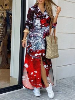 Women's Shirt Dress Casual Dress Maxi Long Dress Outdoor Daily Polyester Fashion Modern Shirt Collar Button Split Long Sleeve Summer Spring Fall 2023 Regular Fit White Wine Red Abstract S M L XL XXL -HANA Luxury Wear Shop zlevuq1689055152017