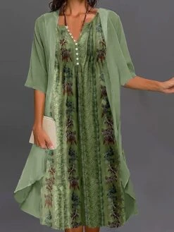 Women's Two Piece Dress Set Casual Dress Tank Dress Outdoor Daily Fashion Streetwear Button Print Midi Dress V Neck Sleeveless Floral Regular Fit Green Summer Spring S M L XL XXL