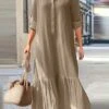 Women's Casual Dress Cotton Dress Swing Dress Maxi Long Dress Cotton Basic Classic Outdoor Daily Vacation Shirt Collar Ruched Button Long Sleeve Spring Fall Winter 2023 Loose Fit Blue Green Khaki -HANA Luxury Wear Shop zlhjkc1695283864611