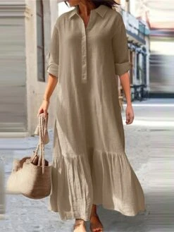 Women's Casual Dress Cotton Dress Swing Dress Maxi Long Dress Cotton Basic Classic Outdoor Daily Vacation Shirt Collar Ruched Button Long Sleeve Spring Fall Winter 2023 Loose Fit Blue Green Khaki
