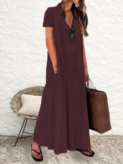 Women's Shirt Dress Casual Dress Cotton Linen Dress Maxi Long Dress Cotton Casual Daily Casual Daily Vacation Weekend Shirt Collar Button Pocket Short Sleeve Summer Spring 2023 Loose Fit Black Wine -HANA Luxury Wear Shop zllrnx1689937039910