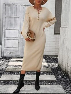 Women's Sweater Dress Jumper Dress Casual Dress Midi Dress Active Plain Outdoor Casual Holiday Vacation Crew Neck Long Sleeve Button 2023 Loose Fit Black White Purple S M L XL -HANA Luxury Wear Shop zlqlkc1697595535813