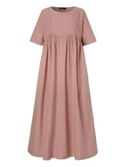 Women's Casual Dress Cotton Linen Dress Swing Dress Long Dress Maxi Dress Black Pink Green Short Sleeve Pure Color Ruched Spring Fall Autumn Crew Neck Elegant Vacation Loose Fit 2022 S M L XL XXL 3XL -HANA Luxury Wear Shop zmicbz1629970909391