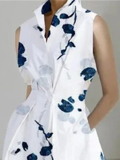 Women's Shirt Dress Casual Dress Midi Dress Outdoor Office Daily Cotton Fashion Modern Split Neck Button Pocket Sleeveless Summer Spring 2023 Loose Fit White Blue Leaf Polka Dot S M L XL XXL -HANA Luxury Wear Shop zmqoko1688542281290