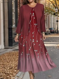 Women's Plus Size Two Piece Dress Set Casual Dress Swing Dress Outdoor Office Fashion Streetwear Print Midi Dress Crew Neck Long Sleeve Floral Ombre Regular Fit Wine Blue Green Fall Winter L XL XXL -HANA Luxury Wear Shop znjurh1697784873053