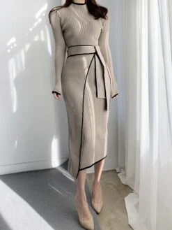 Women's Jumper Dress Knit Dress Midi Dress Daily Pure Color Casual Daily Turtleneck Long Sleeve Patchwork 2023 Regular Fit Black Khaki One Size