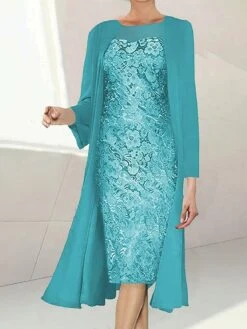 Women's Two Piece Dress Set Party Dress Lace Dress Formal Party Fashion Party Lace Midi Dress Crew Neck Long Sleeve Plain Regular Fit Green Fall Winter S M L XL