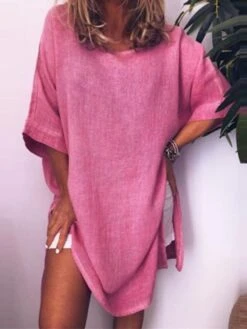 Women's Cotton Linen Dress A Line Dress Mini Dress Cotton Blend Casual Comfort Home Daily Crew Neck Rolled Cuff Half Sleeve Summer Spring Loose Fit White Pink Blue Pure Color S M L XL 2XL -HANA Luxury Wear Shop zoilvr1654067366460