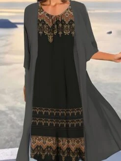 Women's Two Piece Dress Set Casual Dress Print Dress Outdoor Daily Vintage Ethnic Print Midi Dress Crew Neck 3/4 Length Sleeve Floral Tribal Loose Fit Black Navy Blue Royal Blue Summer Spring S M L