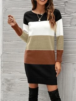 Women's Sweater Dress Winter Dress Jumper Dress Mini Dress Fashion Color Block Stripe Daily Date Going Out Weekend Crew Neck Long Sleeve Patchwork Ribbed 2023 Loose Fit Black Blue Green S M L XL -HANA Luxury Wear Shop zoybme1694595940785