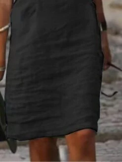 Women's Casual Dress Cotton Linen Dress Shift Dress Midi Dress Cotton Blend Fashion Basic Outdoor Daily Vacation Crew Neck Lace Patchwork Short Sleeve Summer Spring 2023 Regular Fit Black White Plain -HANA Luxury Wear Shop zpezos1684140232657