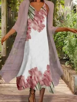 Women's Two Piece Dress Set Shift Dress Slip Dress Daily Going Out Fashion Streetwear Print Midi Dress Strap 3/4 Length Sleeve Floral Loose Fit Pink Light Purple Summer Spring S M L XL XXL