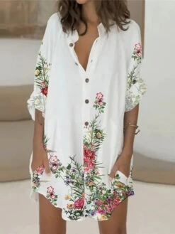Women's Shirt Dress Casual Dress Mini Dress Winter Dress Daily Holiday Polyester Casual Shirt Collar Button Pocket Long Sleeve Summer Spring Fall 2022 Loose Fit White Pink Blue Leopard Floral -HANA Luxury Wear Shop zpjgat1628230799878