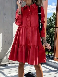Women's Shirt Dress Casual Dress Swing Dress Midi Dress Outdoor Daily Vacation Cotton Basic Modern Shirt Collar Ruffle Button Long Sleeve Fall Winter 2023 Regular Fit ArmyGreen Black White Pure Color -HANA Luxury Wear Shop zpkucp1695813920677