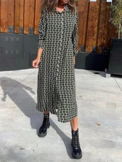 Women's Shirt Dress Casual Dress Shift Dress Midi Dress Outdoor Daily Vacation Polyester Fashion Modern Shirt Collar Button Print Long Sleeve Summer Spring Fall 2023 Regular Fit Black Geometric S M L -HANA Luxury Wear Shop zqaaue1682663226408