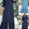 Women's Shirt Dress Casual Dress Maxi Long Dress Outdoor Daily Cotton Fashion Casual Shirt Collar Ruffle Button Long Sleeve Summer Spring Fall 2023 Regular Fit Navy Blue Blue Plain S M L XL XXL -HANA Luxury Wear Shop zqqatz1689733361755