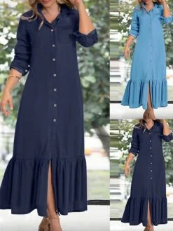 Women's Shirt Dress Casual Dress Maxi Long Dress Outdoor Daily Cotton Fashion Casual Shirt Collar Ruffle Button Long Sleeve Summer Spring Fall 2023 Regular Fit Navy Blue Blue Plain S M L XL XXL