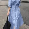 Women's Shirt Dress Casual Dress Work Dress Maxi Long Dress Outdoor Daily Cotton Basic Classic Shirt Collar Button Long Sleeve Summer Spring Fall 2023 Loose Fit Black Sky Blue Khaki Pure Color S M L
