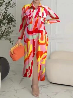 Women's Shirt Dress Casual Dress Maxi Long Dress Outdoor Daily Date Polyester Fashion Hot Shirt Collar Button Pocket Long Sleeve Summer Spring Fall 2023 Regular Fit Black White Yellow Geometric Color